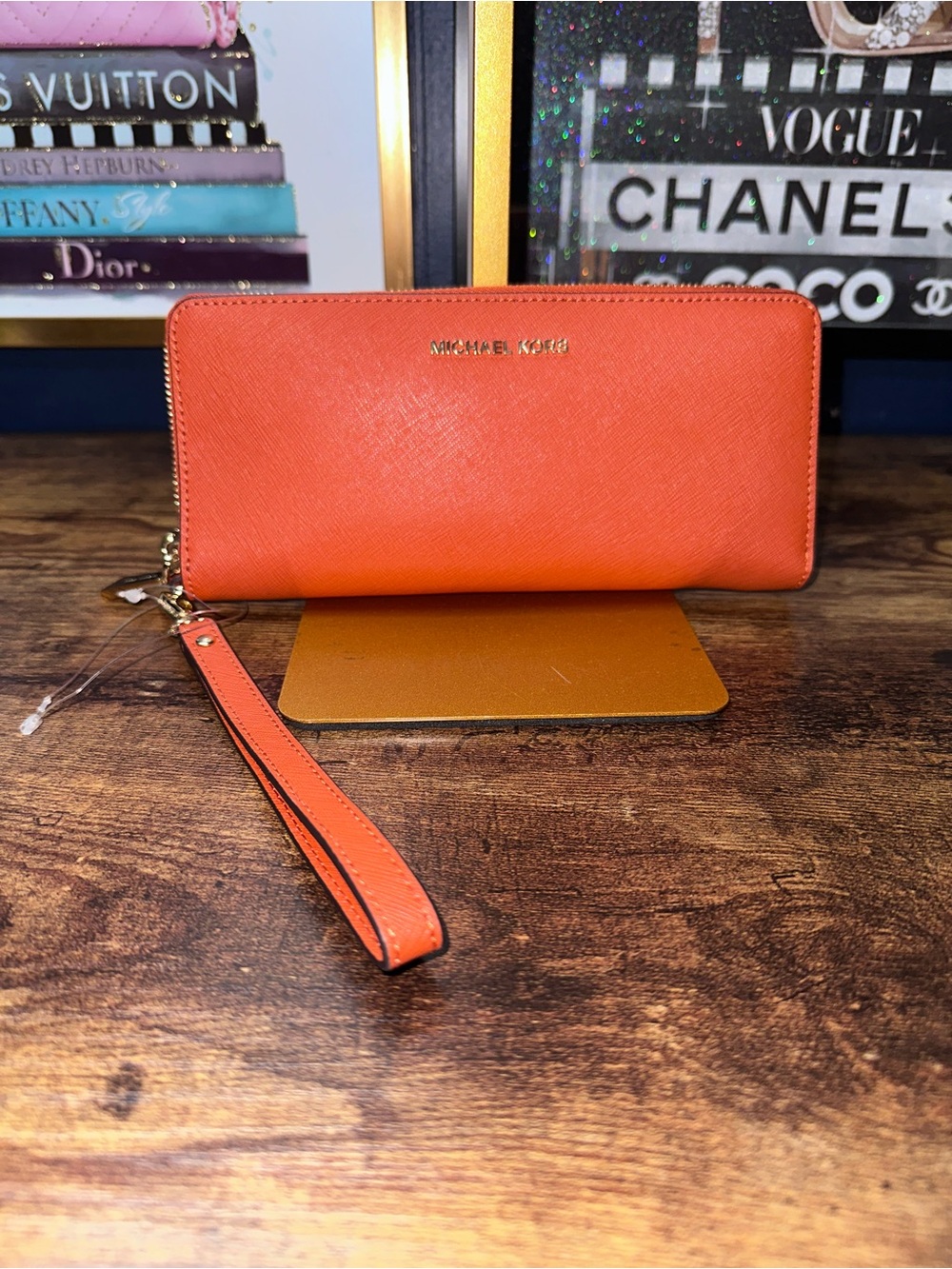 Michael Kors Orange Saffiano Zip-Around Wristlet Wallet with Removable Strap